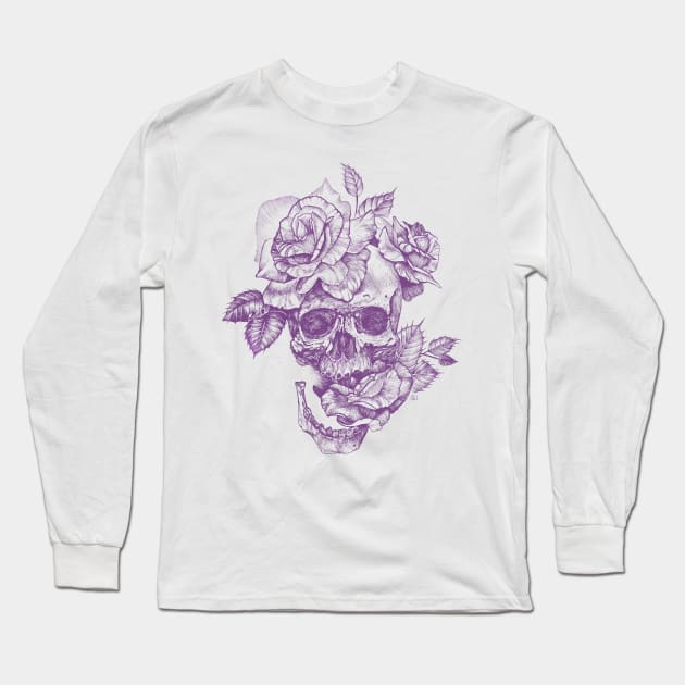 Purple line art Skull and Roses Long Sleeve T-Shirt by Saraknid